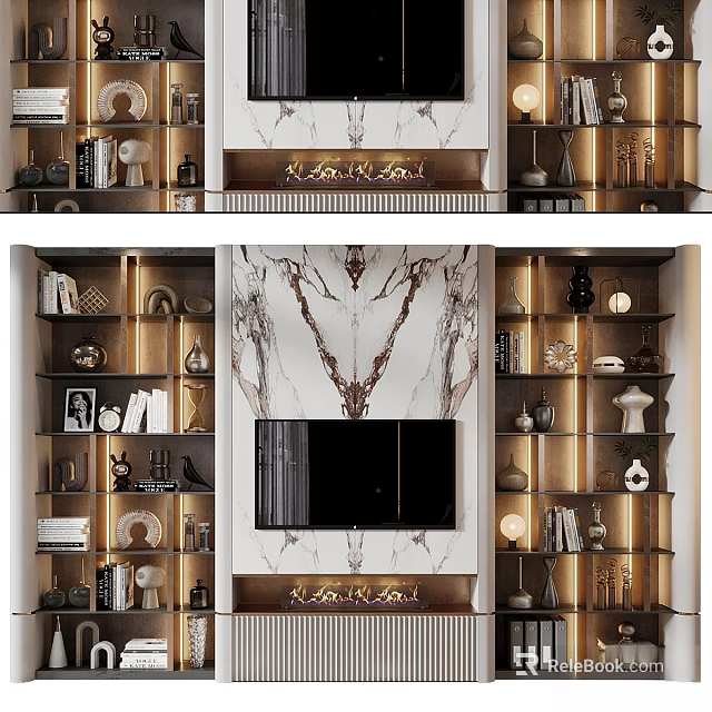 Modern Elegant TV Background Wall With Marble Texture And Decorative Cabinetry 3d model 
