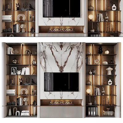Modern Elegant TV Background Wall With Marble Texture And Decorative Cabinetry 3d model