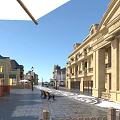European Style Commercial Street With Beige Buildings Stone Paved Road Benches Street Lamps And Shops