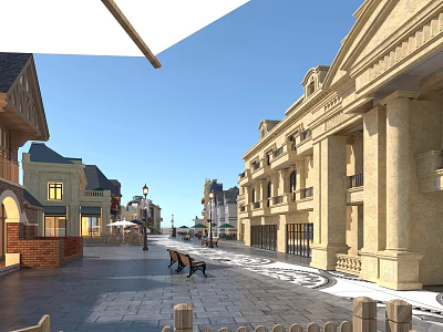 European Style Commercial Street With Beige Buildings Stone Paved Road Benches Street Lamps And Shops 3d model