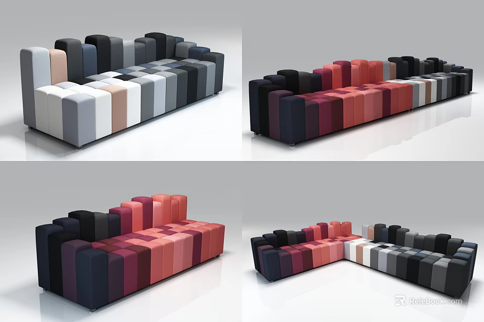 Irregular Shape Sofa With Colorful Block Patchwork Design And Mixed Tones 3d model