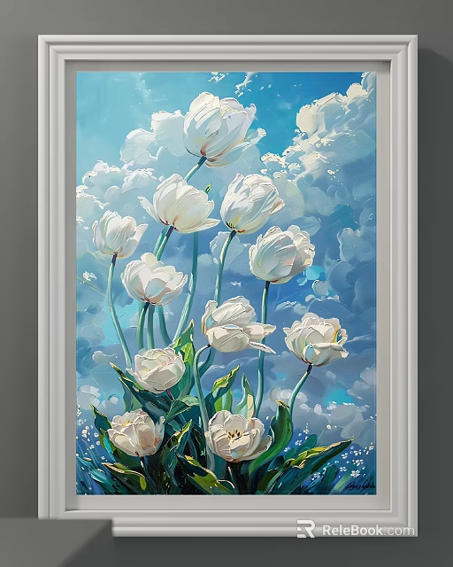 Botanical Painting of White Tulips with Blue Sky Background and Green Leaves 3d model 