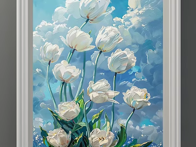Botanical Painting of White Tulips with Blue Sky Background and Green Leaves 3d model