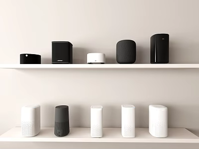 Modern Headphones and Speakers on White Shelves with Black and White Color Designs 3d model