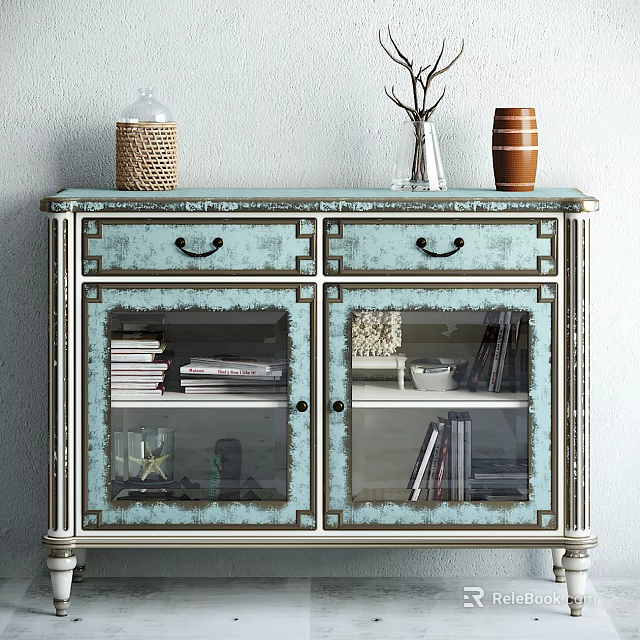 Light Blue Console Cabinet With Glass Doors Drawers Top Decor Items And Book Storage 3d model 