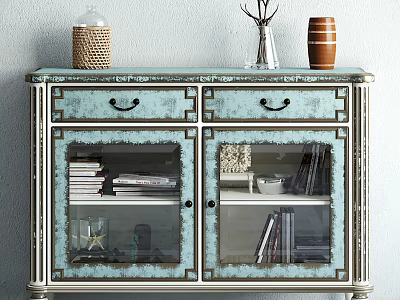 Light Blue Console Cabinet With Glass Doors Drawers Top Decor Items And Book Storage 3d model