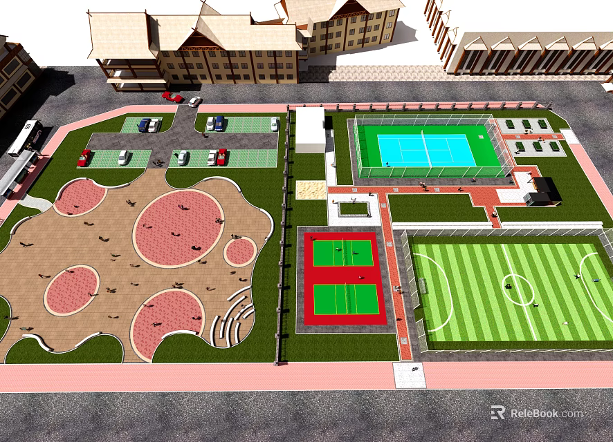 Comprehensive Sports And Leisure Zone With Basketball Court Football Field Parking Area And Plaza 3d model 
