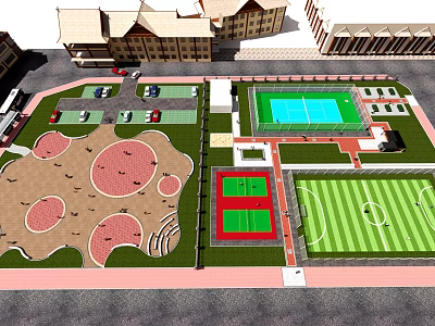 Comprehensive Sports And Leisure Zone With Basketball Court Football Field Parking Area And Plaza 3d model