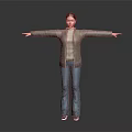 Woman With Red Hair Brown Coat Blue Plaid Pants Arms Outstretched On Gray Gradient Background