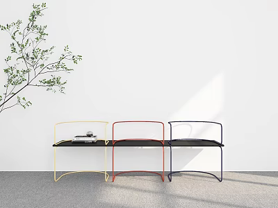 Colorful Outdoor Chairs With Black Seats Against White Wall And Green Plant On Gray Floor 3d model