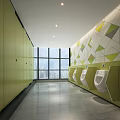 Modern Public Toilet Interior With Geometric Pattern Walls Male Female Symbols Stall Doors And Sinks