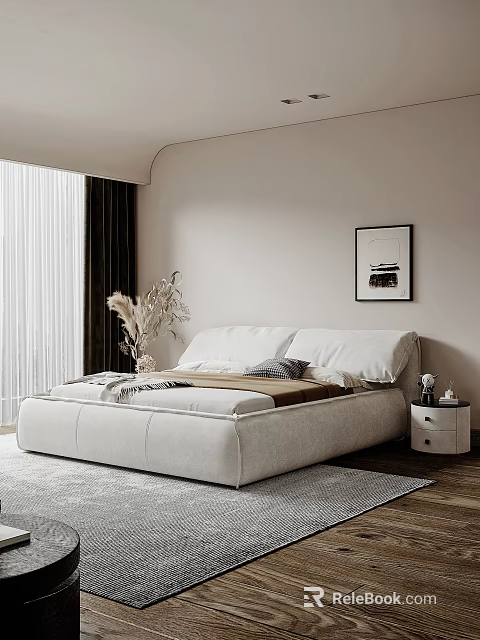 Modern Bedroom With White Upholstered Bed Plush Pillows Throw Blanket Nightstand Wall Art Dried Plant 3d model 