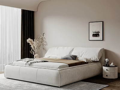 Modern Bedroom With White Upholstered Bed Plush Pillows Throw Blanket Nightstand Wall Art Dried Plant 3d model