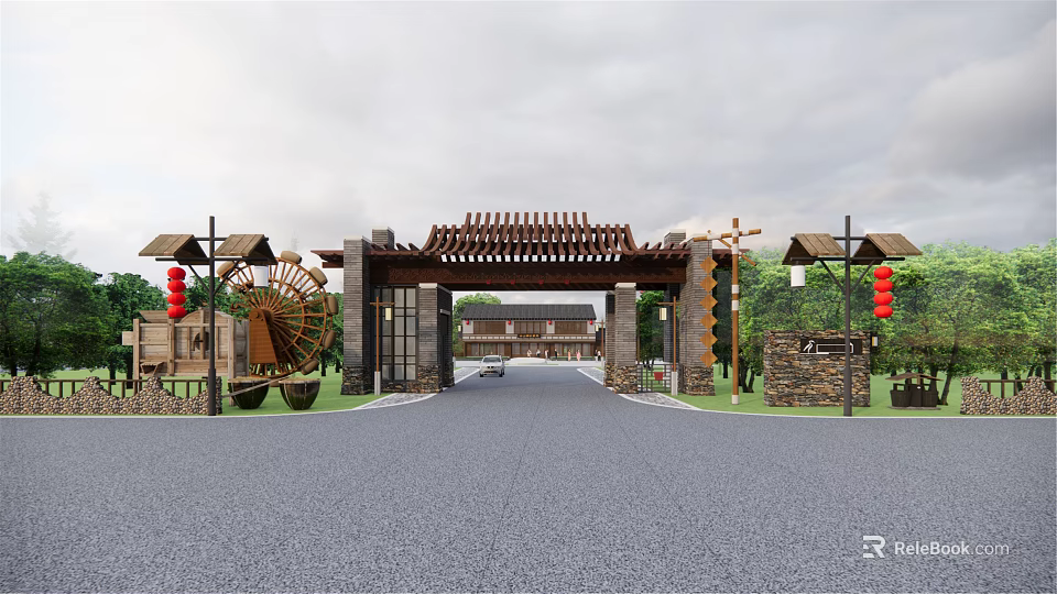 Traditional Chinese Entrance With Wooden Archway Red Lanterns Waterwheel And Stone Lanterns 3d model 