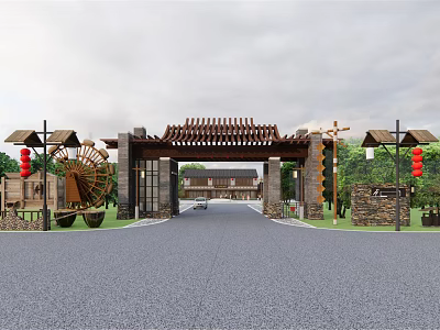 Traditional Chinese Entrance With Wooden Archway Red Lanterns Waterwheel And Stone Lanterns 3d model