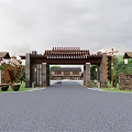 Traditional Chinese Entrance With Wooden Archway Red Lanterns Waterwheel And Stone Lanterns