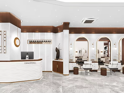 Elegant Modern Hair Salon Interior With Styling Chairs Mirrors And Reception Desk 3d model