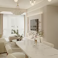 Modern Living and Dining Room Interior With Chandeliers Beige Sofa Dining Table And Marble Wall 3d model