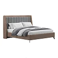 Modern Double Bed With Tufted Brown Headboard And White Gray Bedding 3d model