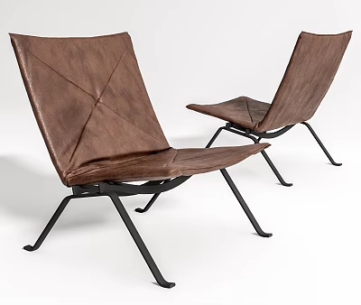 Two Brown Leather Leisure Chairs With Black Metal Frames And Modern Minimalist Design 3d model