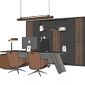 Modern Office Interior With Wooden Pendant Light Desk Brown Chairs And Bookshelf