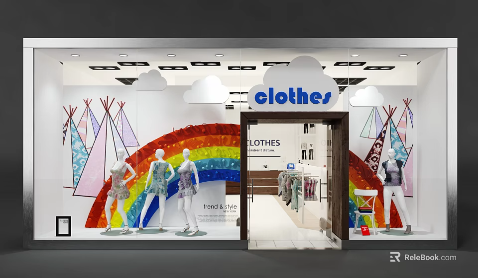 Clothes Store Shop Window With Rainbow Mannequins And New Arrival 3d model 