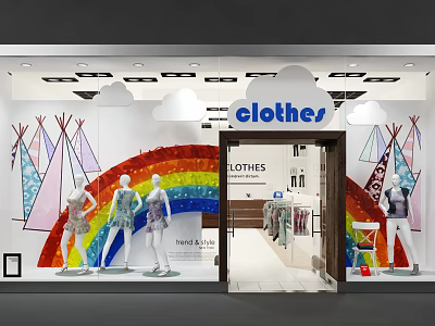 Clothes Store Shop Window With Rainbow Mannequins And New Arrival 3d model