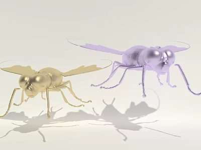 Golden and Purple Insect Creatures With Shiny Wings and Long Legs On White Surface 3d model