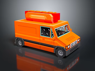 Orange Pixel Style Bus Featuring Red Roof Structure And Blocky Design 3d model
