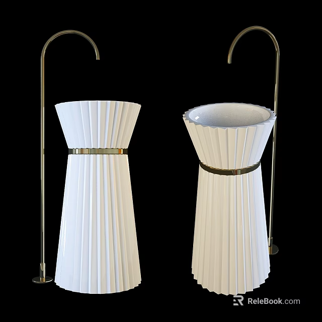 Elegant White Pedestal Washbasins With Pleated Design And Metal Faucets 3d model 