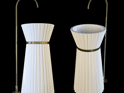 Elegant White Pedestal Washbasins With Pleated Design And Metal Faucets 3d model