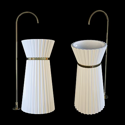 Elegant White Pedestal Washbasins With Pleated Design And Metal Faucets 3d model
