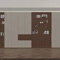Modern Built in Bookcase With Wooden And White Panel LED Lighting And Decorative Items