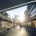 Modern Commercial Street With Archway Design Glass Storefronts Pedestrians And Bright Sunlight