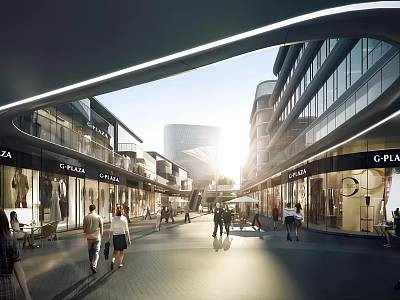 Modern Commercial Street With Archway Design Glass Storefronts Pedestrians And Bright Sunlight 3d model