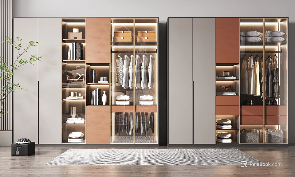 Modern Wardrobe Interior Design With Gray Brown Panels And Organized Storage Spaces 3d model