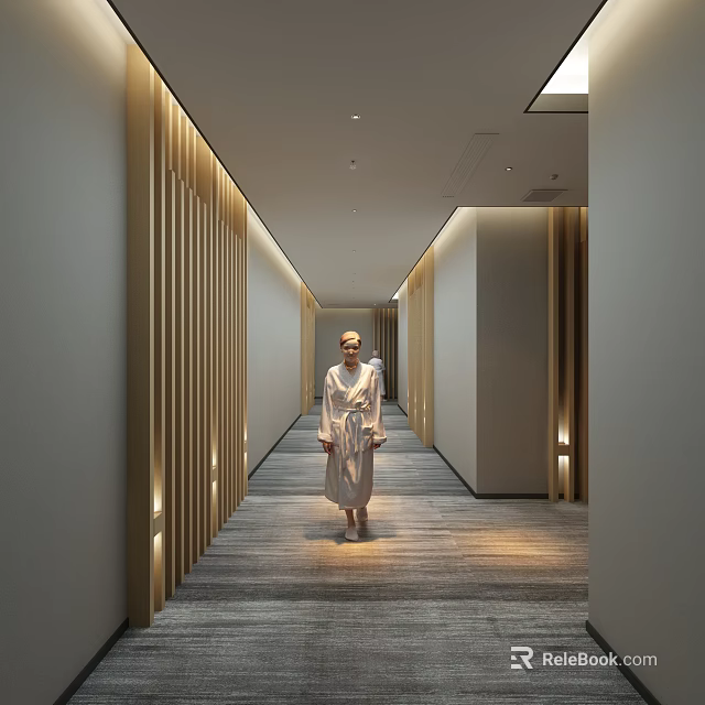 Modern Elevator Hallway With Golden Vertical Strip Decorations And Gray Carpet Lighting 3d model 