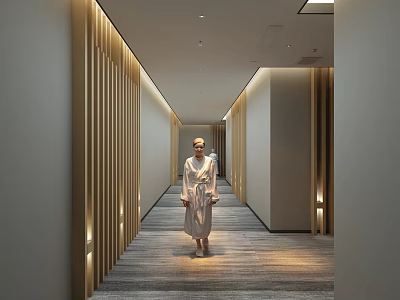 Modern Elevator Hallway With Golden Vertical Strip Decorations And Gray Carpet Lighting 3d model