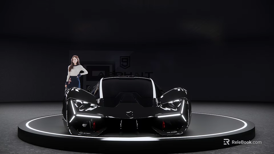Black Futuristic Sports Car Showcased On Display Platform With Sleek Design And Model 3d model 