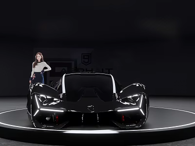 Black Futuristic Sports Car Showcased On Display Platform With Sleek Design And Model 3d model