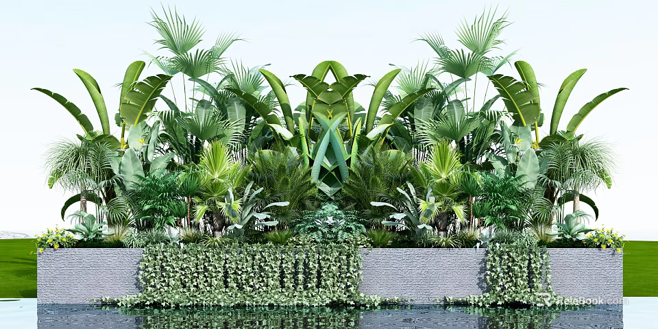 Bonsai Potted Plants With Tropical Green Leaves Vine Covered Wall And Water Reflection 3d model 