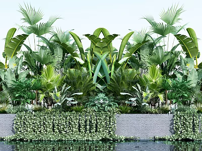 Bonsai Potted Plants With Tropical Green Leaves Vine Covered Wall And Water Reflection 3d model