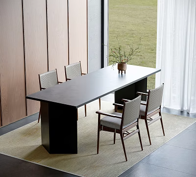 Modern Dining Table Set With Four Chairs Potted Plant And Wooden Wall By Window Rug 3d model