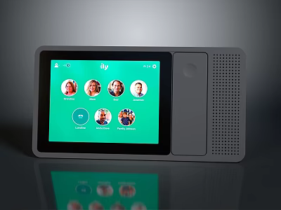 Smart Display With Video Call Interface Showing Contact Avatars And Modern Grey Speaker Panel 3d model