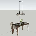 Cozy Wooden Dining Table And Chairs Set With Table Runner Flower Vase And Chandelier
