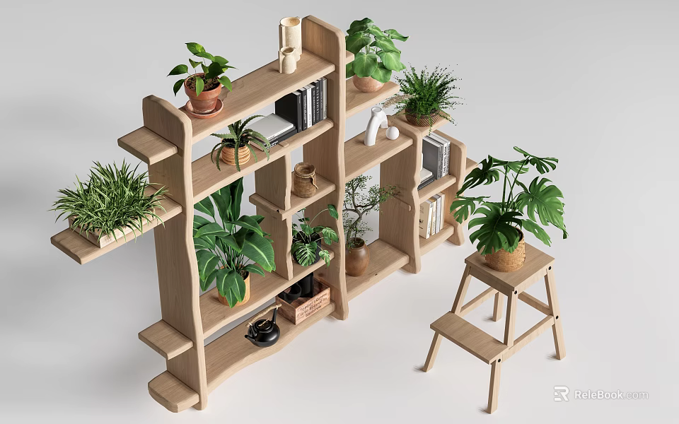 Stylish Multilayer Wooden Shelf With Potted Plants Books Decorative Items And Small Stool 3d model 