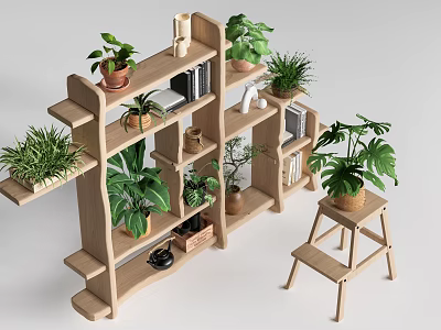 Stylish Multilayer Wooden Shelf With Potted Plants Books Decorative Items And Small Stool 3d model