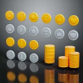 Gold and Silver Coins Stacked with Various Icons on Dark Background with Reflection