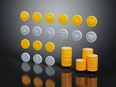 Gold and Silver Coins Stacked with Various Icons on Dark Background with Reflection 3d model