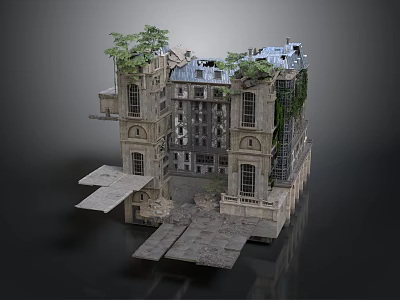 Detailed Ruined Building Structure With Green Plants Balconies And Stone Slabs 3d model